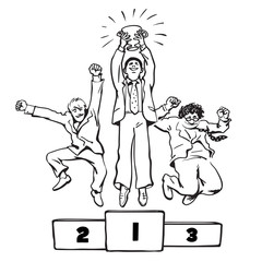 Three happy businessmen jumping on the winning podium. Vector.