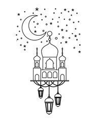Fototapeta na wymiar arabic castle with lamps hanging in the night vector illustration design
