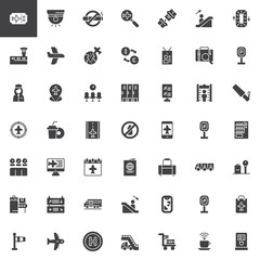 Airport vector icons set, modern solid symbol collection, filled style pictogram pack. Signs, logo illustration. Set includes icons Flight Ticket, Airplane, Flight attendant, Conveyor, Metal detector