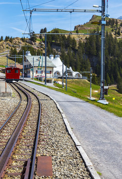 Rigi bahn electric cable tram  on Rigi kulm , Alpine mountain