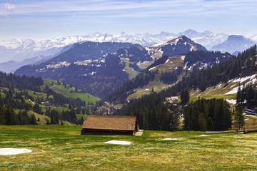 Landscape view of Alps snow mountain with electrical tram