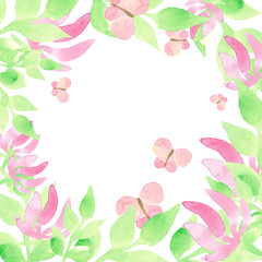 Fototapeta na wymiar Watercolor illustration. Frame with decorative butterflies, green leaves and pink flowers on a white background