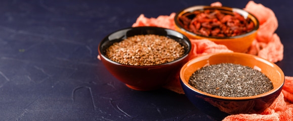 Chia seeds, flax seeds and goji berries