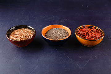 Chia seeds, flax seeds and goji berries