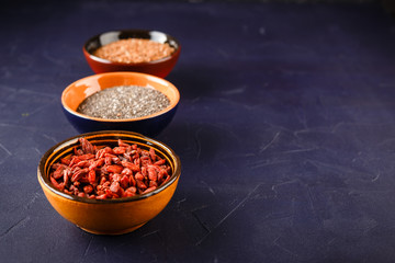 Chia seeds, flax seeds and goji berries