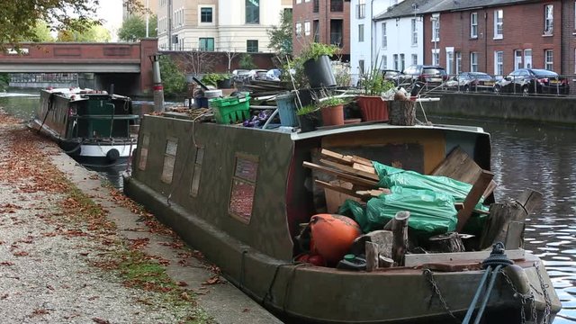 Long boat moored on a canal in England