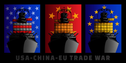 Illustration for trade war between United States, China and European Union. - obrazy, fototapety, plakaty