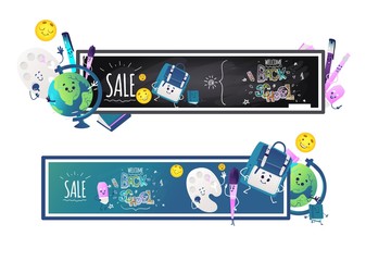 Back to school sale horizontal banners set with school items cartoon characters with cute smiling faces around blackboards with chalk sign isolated on white background. Vector illustration.