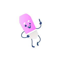 Cute eraser cartoon character lifting index finger up isolated on white background - funny chancery element personage with smiling face for back to school concept in vector illustration.