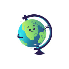 Funny globe sphere cartoon character isolated on white background. Cute geographical layout of earth personage with smiling face for back to school concept in vector illustration.
