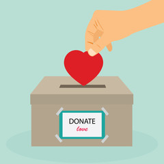 Donation box. Donate blood. Concept of Care and Love. Hand take heart into donate box. Vector stock.