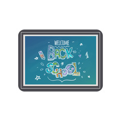 Back to school text design with colorful chalk sign and drawings on blue blackboard isolated on white background. Classroom supply with welcome sign in cartoon vector illustration.