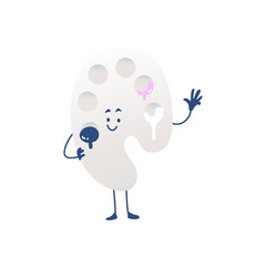 Palette with paints cartoon character waving hand isolated on white background. Cute office supply personage with smiling face for back to school and artistic concept in vector illustration.