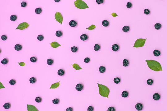 .Black raspberry, seasonal berry with leaves on a beautiful toned pink background.