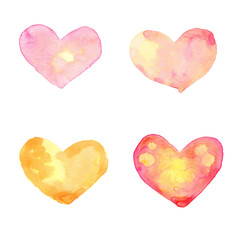 Watercolor illustration. Set of decorative yellow and pink hearts on a white background