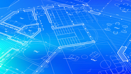 architectural blueprint - the architectural plan of a modern residential building with the layout of the interiors of different rooms, elements of furniture & equipment on a  technological background