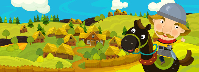 Obraz na płótnie Canvas cartoon scene with warrior on horse near the farm village - illustration for children