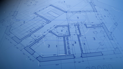 architectural blueprint - the architectural plan of a modern residential building with the layout of the interiors of different rooms, elements of furniture & equipment on a  technological background