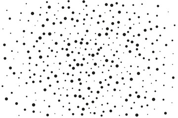 Black dots of different sizes on a white background. Abstract spray pattern.