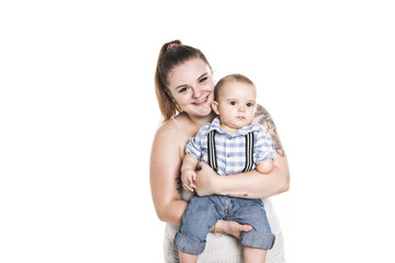 Happy mother with her baby on a white background