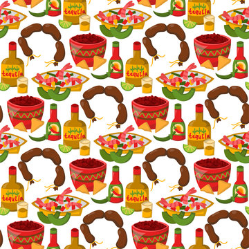 Mexican traditional food with meat avocado seamless pattern background spicy pepper salsa lunch sauce cuisine vector illustration