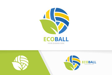 Vector volleyball and leaf logo combination. Play and eco symbol or icon. Unique ball and organic logotype design template.