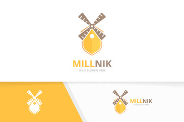 Vector mill and shield logo combination. Farm and security symbol or icon. Unique windmill and guard logotype design template.