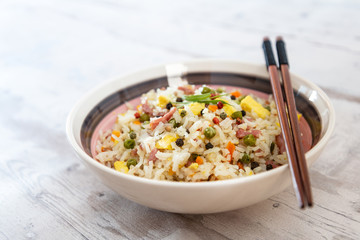 Cantonese fried basmati rice with ham and eggs