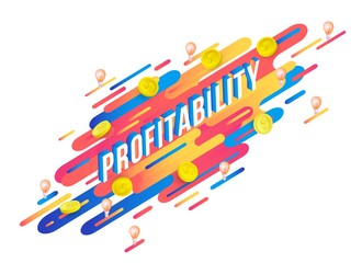 Profitability isometric word design with volumetric letters and dollar coins on modern abstract gradient background with geometric fluid color shapes and stripes, isolated vector illustration.