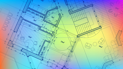 architectural blueprint - the architectural plan of a modern residential building with the layout of the interiors of different rooms, elements of furniture & equipment on a  technological background