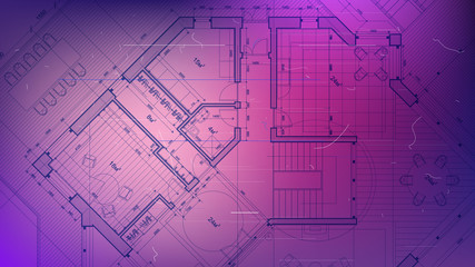 architectural blueprint - the architectural plan of a modern residential building with the layout of the interiors of different rooms, elements of furniture & equipment on a  technological background