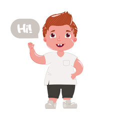 Red haired boy says hi. Child in modern clothes greets him politely