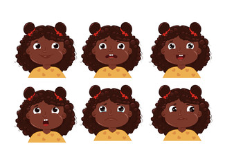 Little girl with black skin character emotion set. Child face is sad and happy and frightened