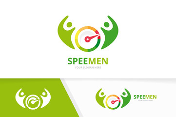 Vector speedometer and people logo combination. Tachometer and family symbol or icon. Unique speedo and team logotype design template.