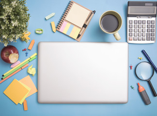 Computer Notebook Laptop on desktop and school stationery for Mockup Copyspace Design Advertising Background.