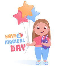 Little cute girl celebrates happy birthday party with toy bunny and colorful balloons. Have a magical day card