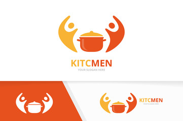 Vector pot and people logo combination. Kitchen and family symbol or icon. Unique pan and team logotype design template.