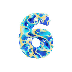 Sea alphabet number 6. Tropical exotic font made of blue wavy water and yellow sand. 3D render isolated on white background.