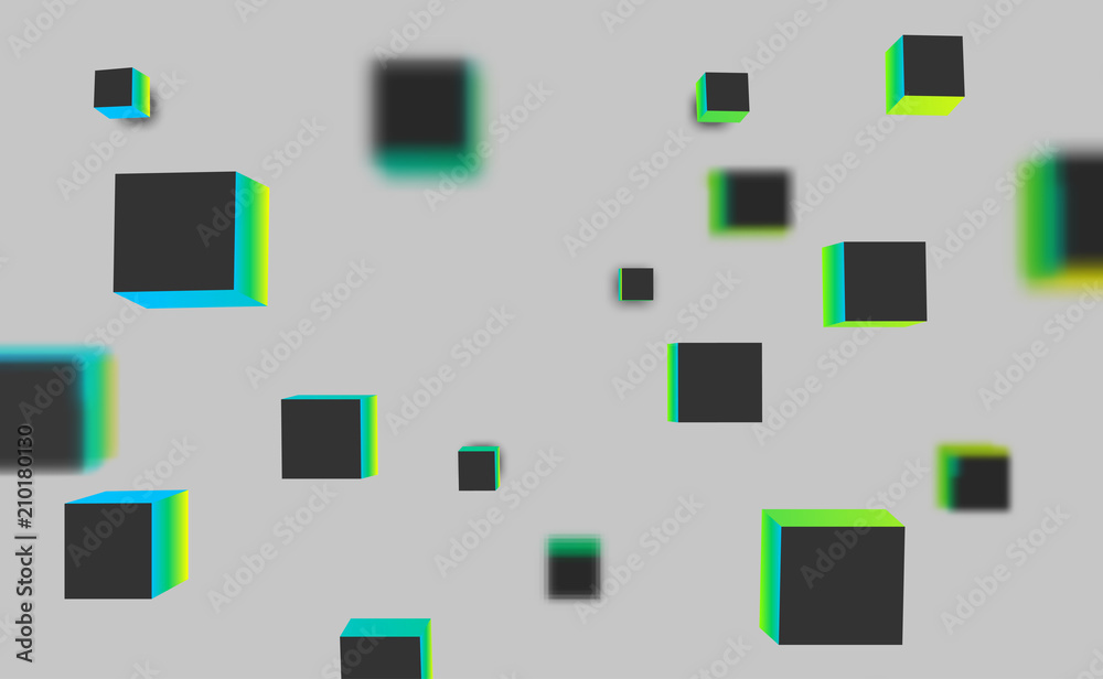 Wall mural grey background with green geometric 3d cubes pattern.