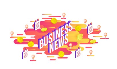 Business news isometric text design with volumetric sign, dollar coins and calendars on modern abstract gradient background with geometric shapes and stripes. Isolated vector illustration.
