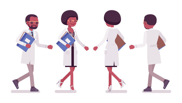 Male and female black scientist walking