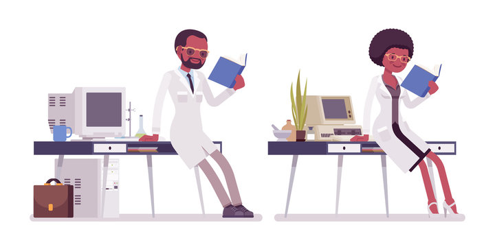 Male and female black scientist working