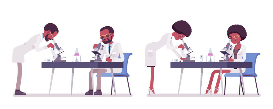 Male and female black scientist with microscope