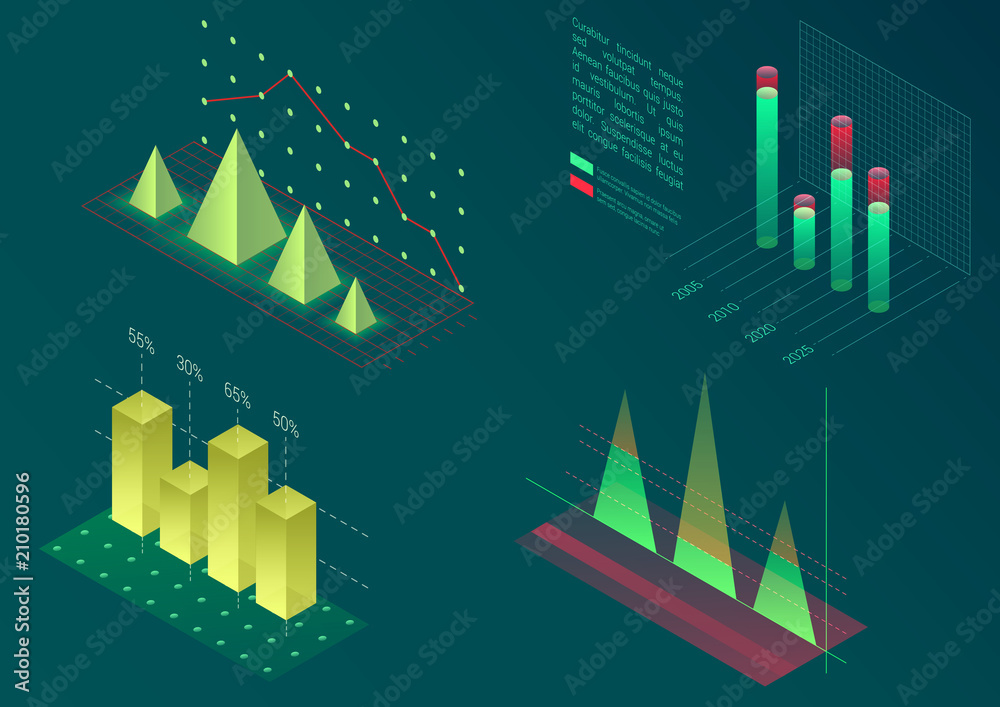 Poster Infographic isometric vector graph elements. Data and business financial diagrams graphs. Statistic data. Template for presentation, sales banner, income report design, website.