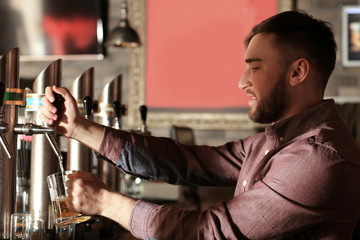 Fototapeta na wymiar Bartender pouring beer into glass in bar
