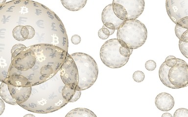 Bitcoin economic financial bubble. Cryptocurrency 3D illustration. Business concept. Golden bubbles on a white background