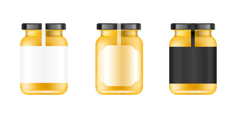 Realistic glass jar. Food bank. Sause packaging design. Mock up glass jar with design label or badges. Vector illustrations.