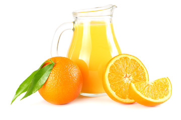 orange juice with orange and green leaf isolated on white background. juice in jug
