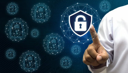 Business people use the touch of a button. Secure cyber security and Unlock system online