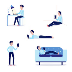 Online distant education concept young man set. Male student character sitting at desk typing on laptop, holding diploma, reading on sofa from tablet computer. Vector cartoon illustration